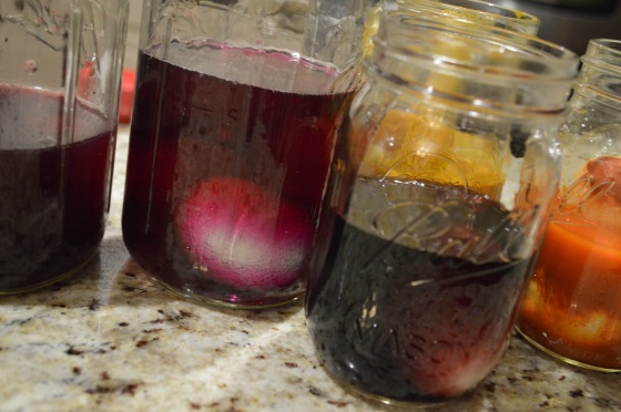 Mason jars worked great for holding the dye and eggs.